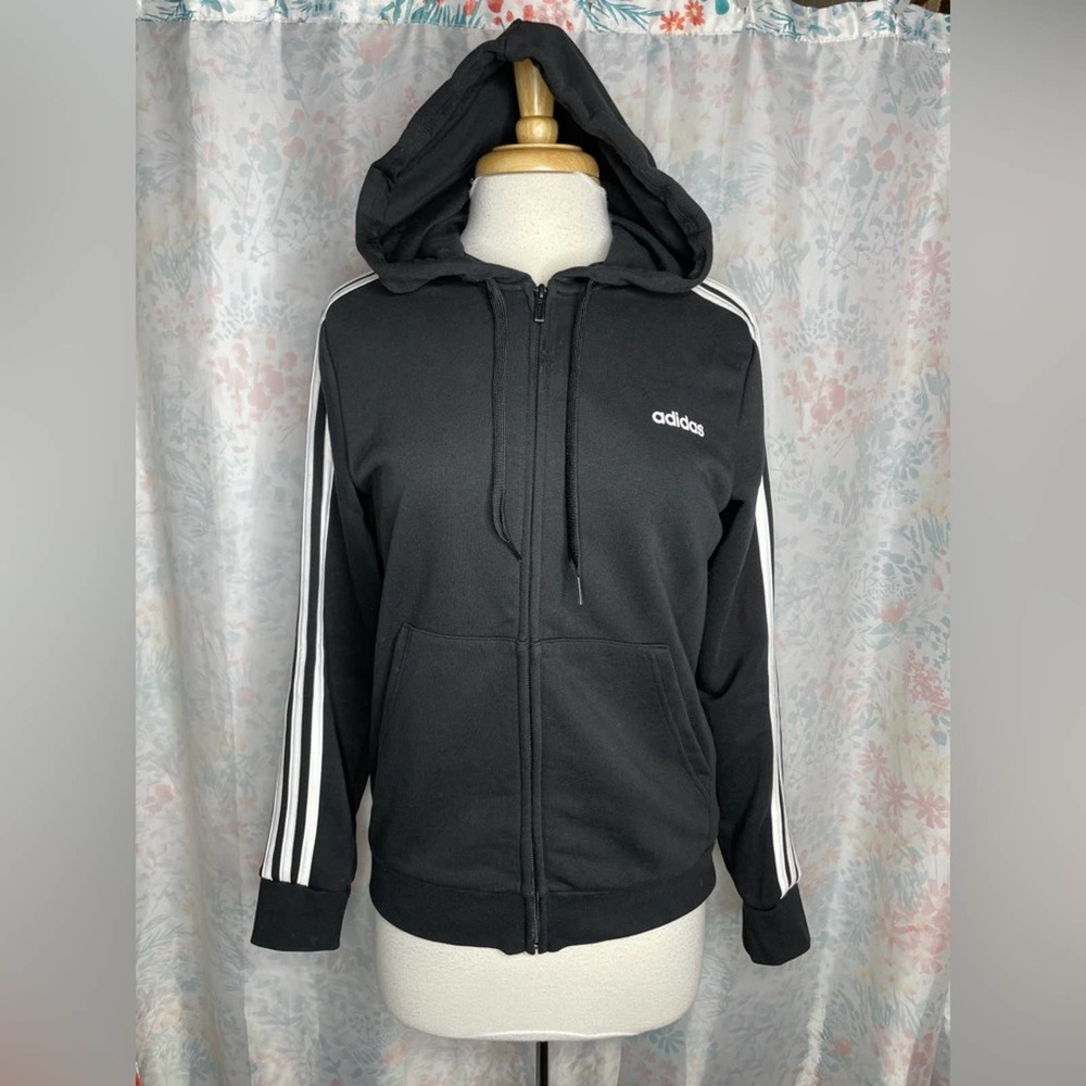 adidas Essentials Black 3-Stripe Full Zip Hoodie Sweatshirt Jacket Women’s Large